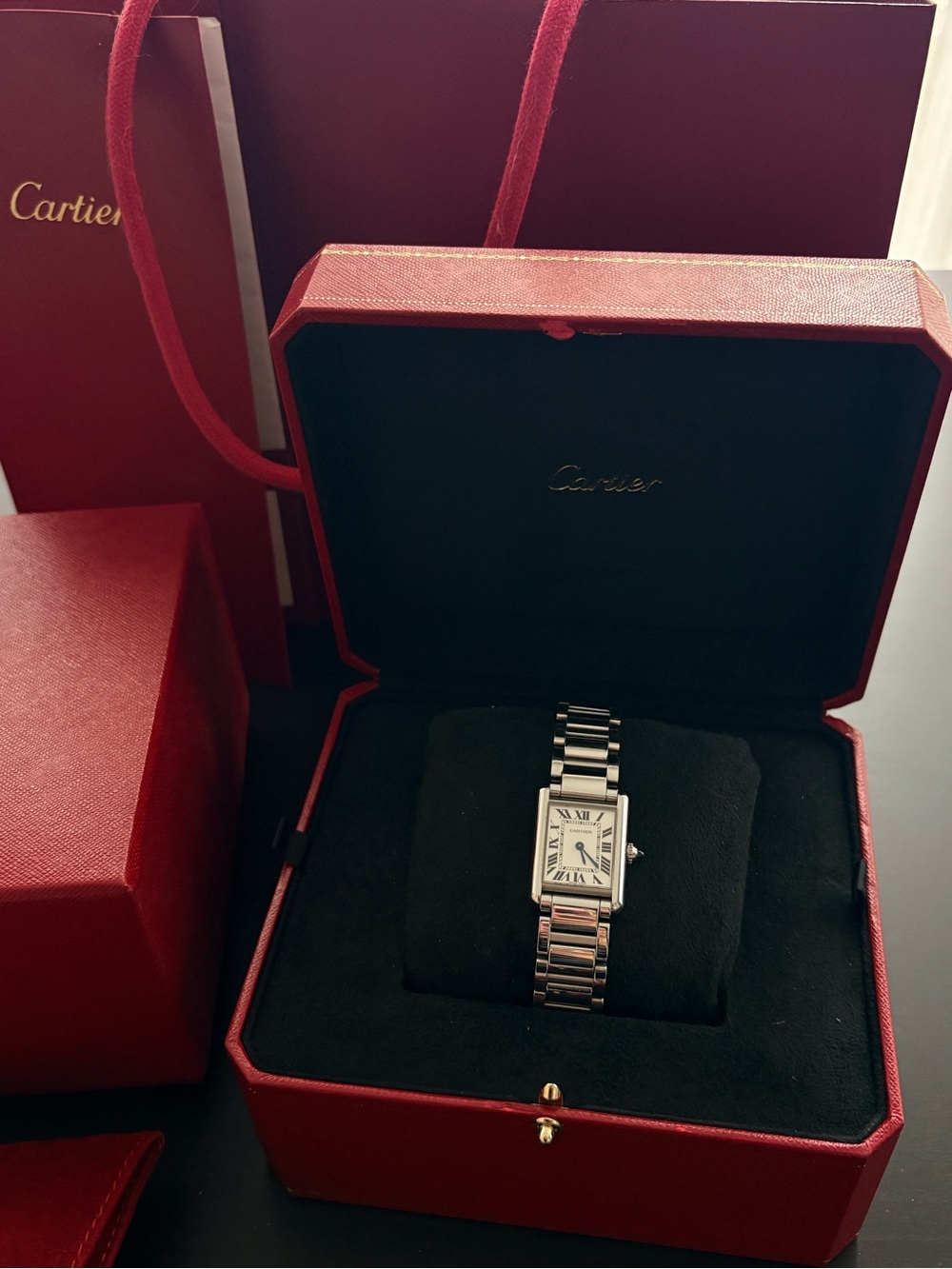 Cartier Silver Tank Bracelet Watch with White Dial